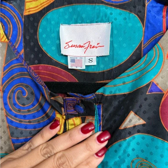 Vintage 80s Susan Freis MultiColor Geometric 2 Piece Blouse and Skirt Set - Picture 4 of 8